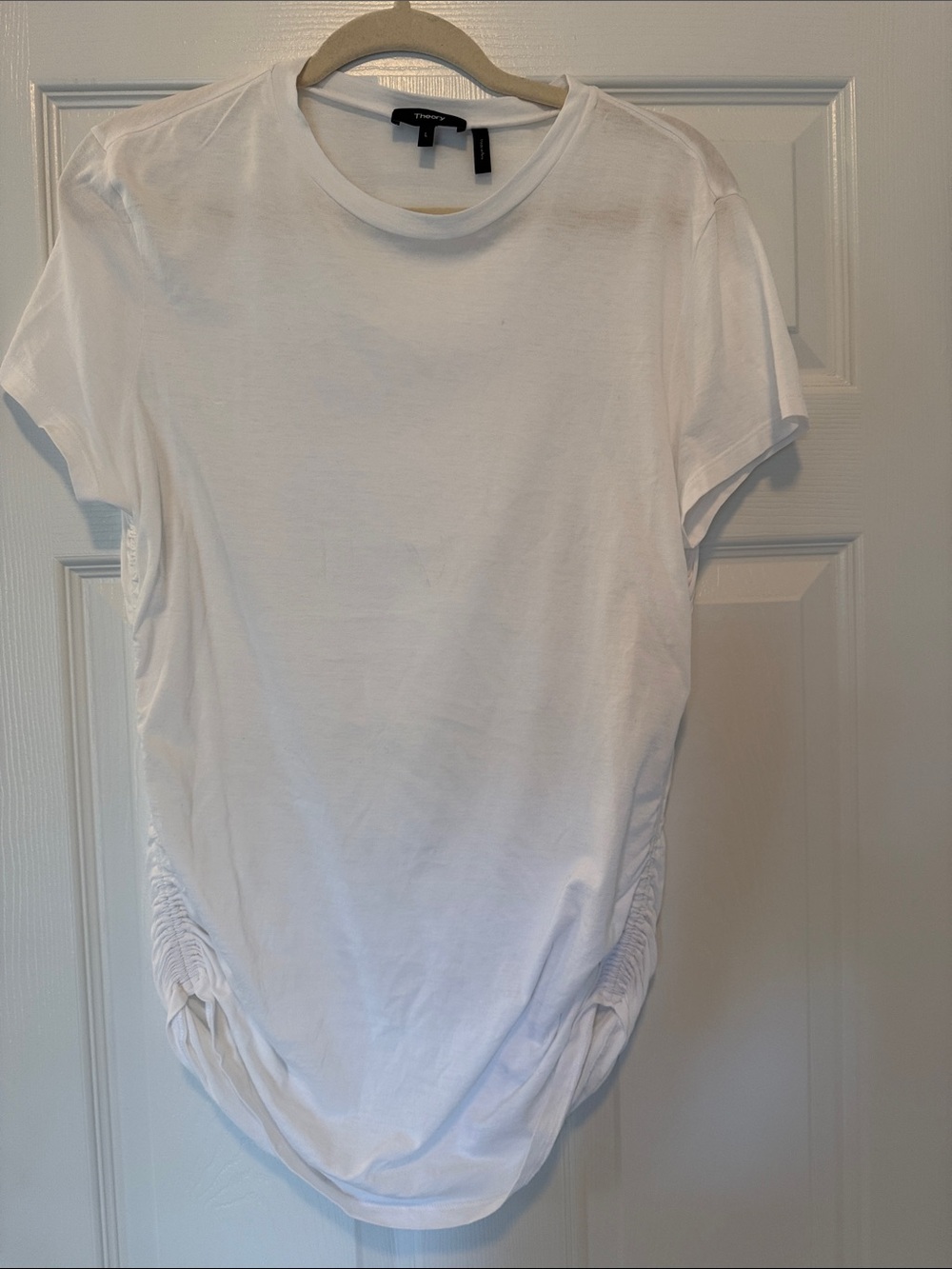 Theory White Ruched-Side Crew Tee